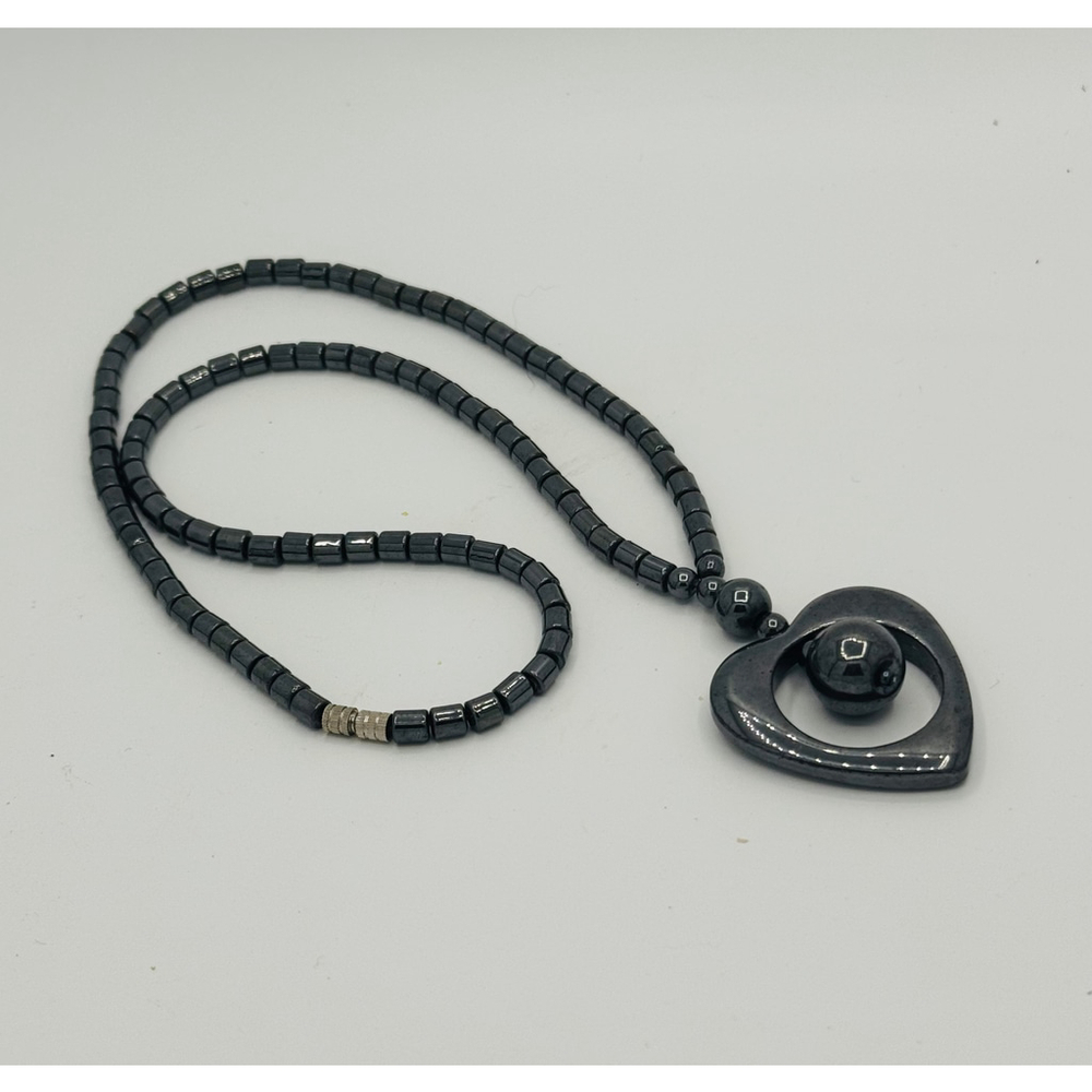 Hematite Heart Pendant Necklace Vintage – 17” - Picture 2 of 5